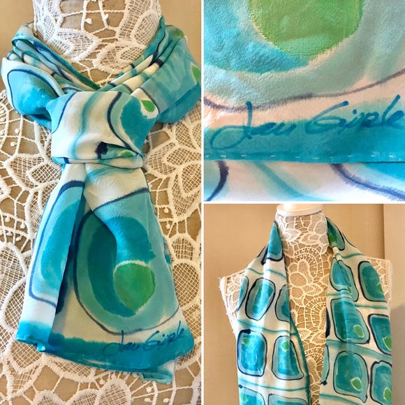 Vintage 1980’s’s Designer Jan Gipple Silk oblong scarf blue and white tones - Picture 1 of 12